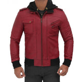 Maroon Hooded Bomber Jacket - Leather Jacket