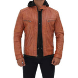 Men Tan Hooded Leather Jacket - Leather Jacket