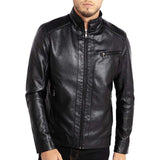 Men Stand Collar Leather Motorcycle Jacket Black