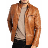 Men Stand Collar Leather Motorcycle Jacket Brown