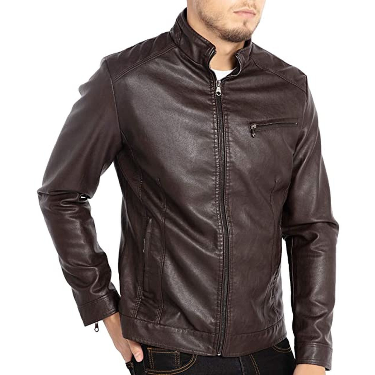Men Stand Collar Leather Motorcycle Jacket Coffee - Leather Jacket