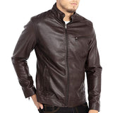 Men Stand Collar Leather Motorcycle Jacket Coffee