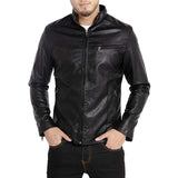 Men Stand Collar Leather Motorcycle Jacket Outwear Black