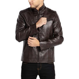 Men Stand Collar Lining Leather Jacket Motorcycle Coffee