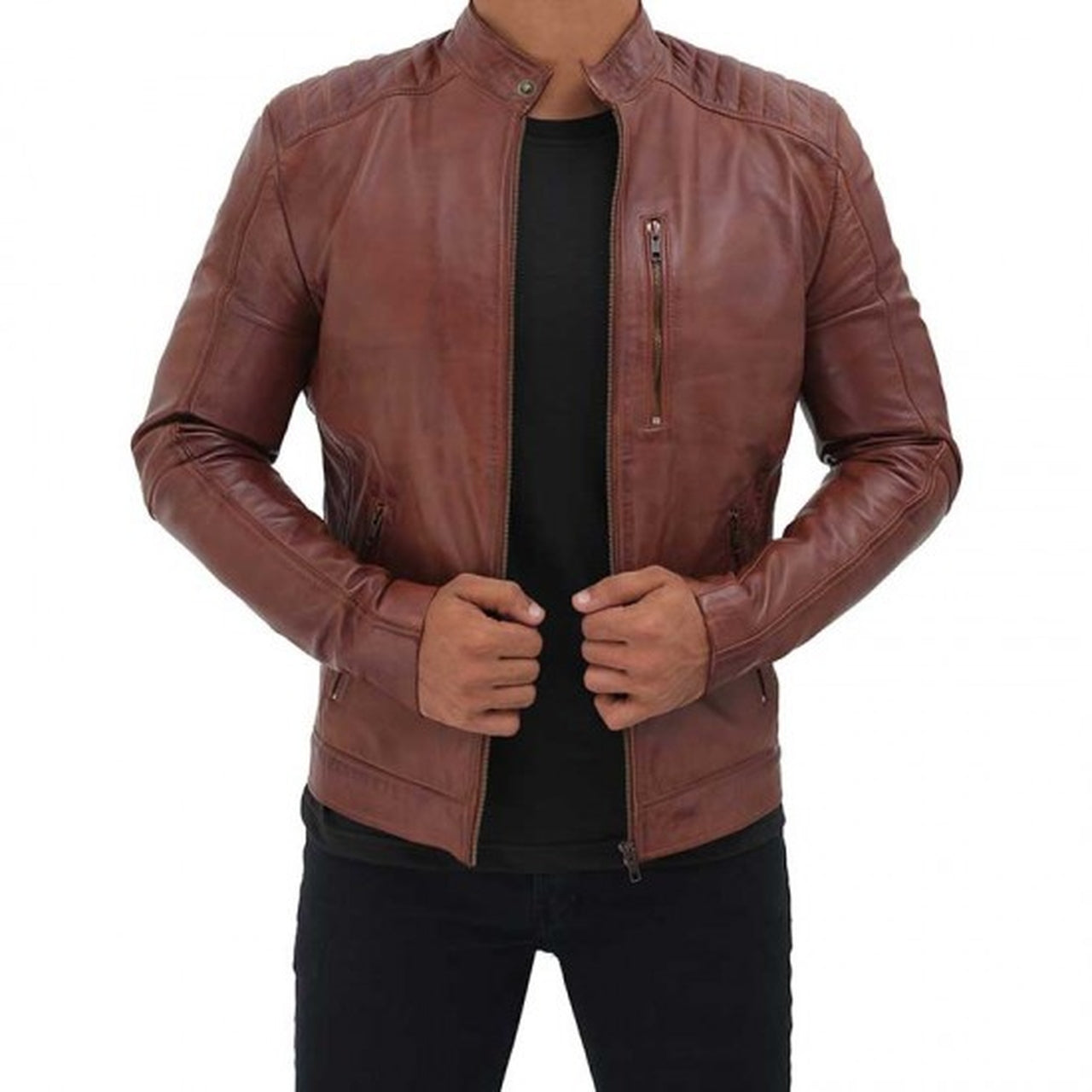 Men Tan Quilted Leather Motorcycle Jacket - Leather Jacket