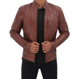 Men Tan Quilted Leather Motorcycle Jacket
