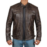 Quilted Distressed Brown Leather Jacket Men
