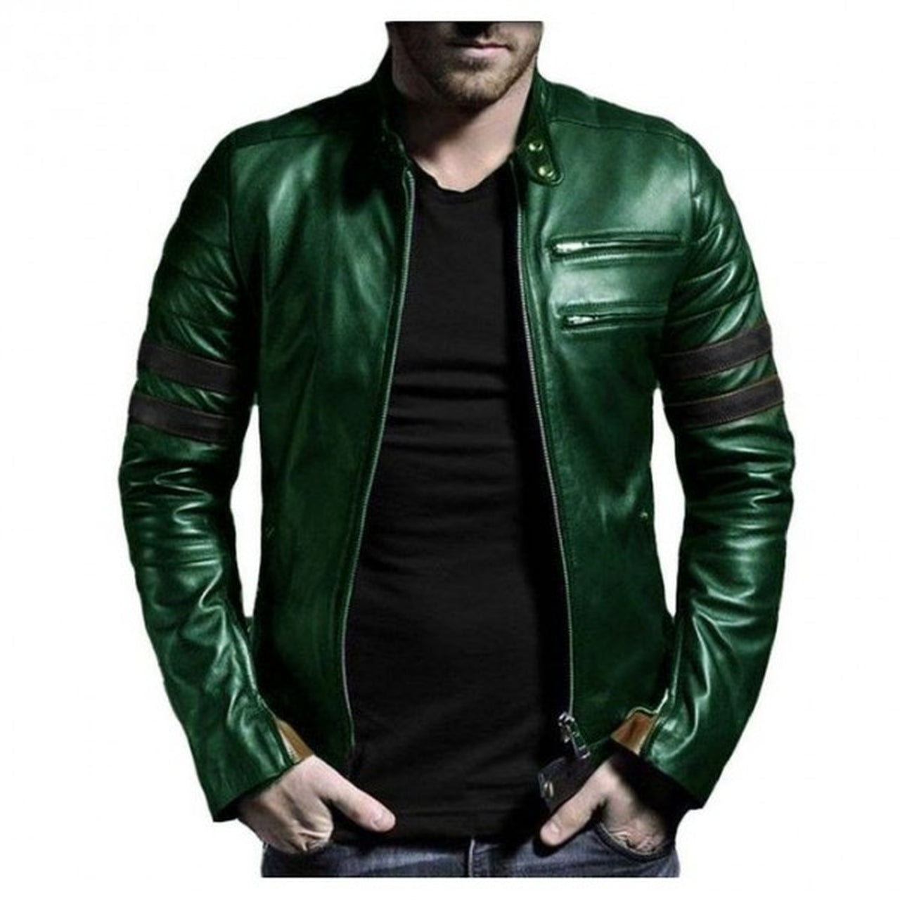 Genuine Leather Jacket For Winter In Green with Black Strip