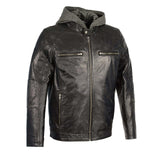 Motorcycle Hooded Leather Jacket in Black