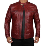 Biker Style Genuine Leather Jacket With Zipper Pocket In Red Vine Color