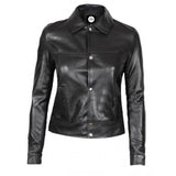 Black Button Up Casual Leather Jacket For Women