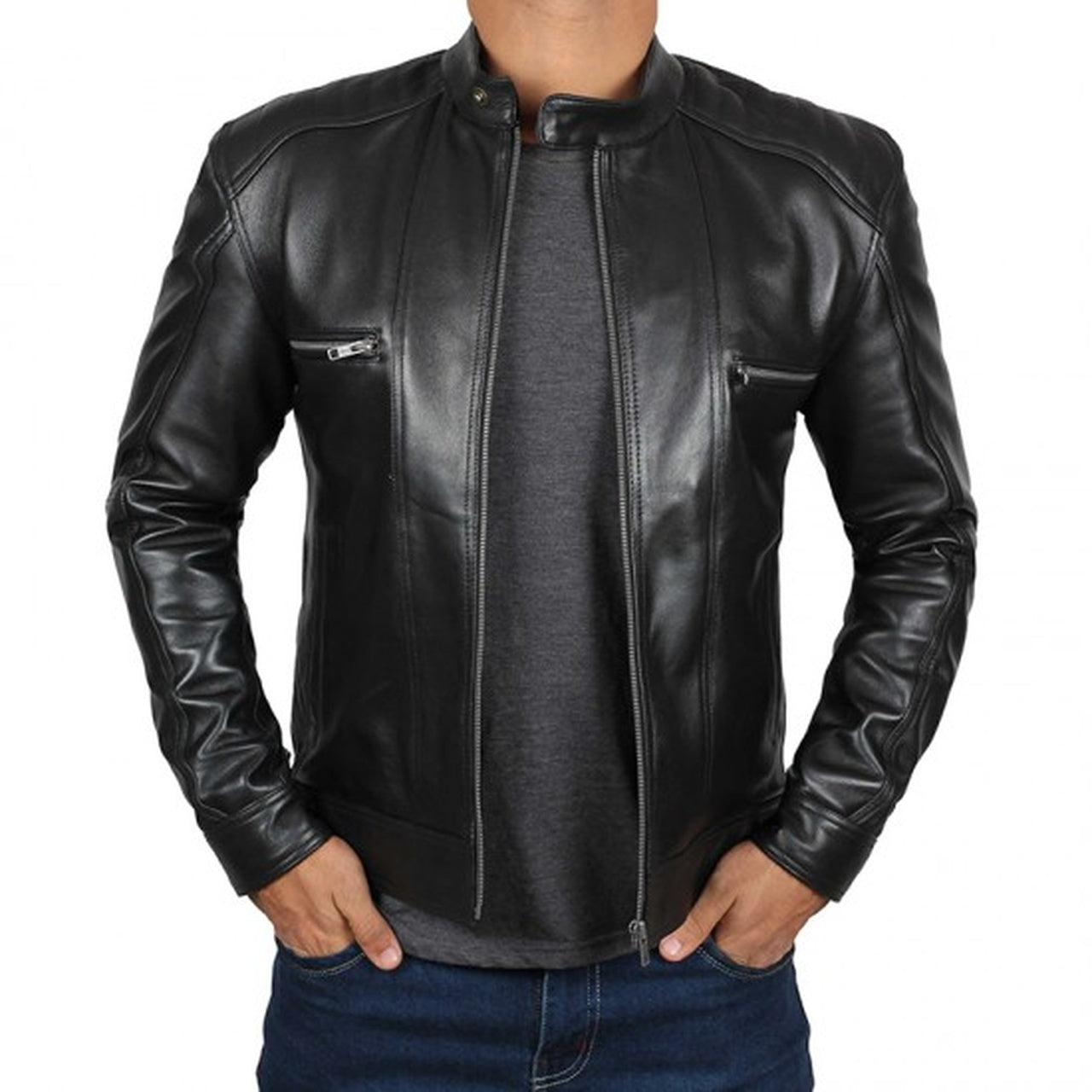 Black Leather Cafe Racer Jacket For Men