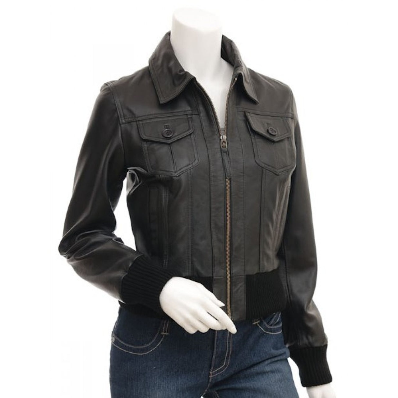 Black Front Pockets Stylish Biker Leather Jacket for Women - Leather Jacket