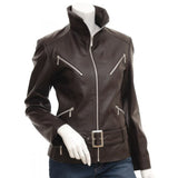 Brown Collar Stylish Leather Jacket Womens