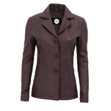 Brown Three Button Closure Leather Blazer for Women - Leather Jacket