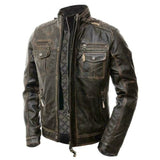 Cafe Race Mens Leather Jacket Distressed Seven Pockets Brown Real Sheep Skin - Leather Jacket