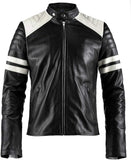 Cafe Racer Style Genuine sheepskin Leather Jacket With White Stirpes