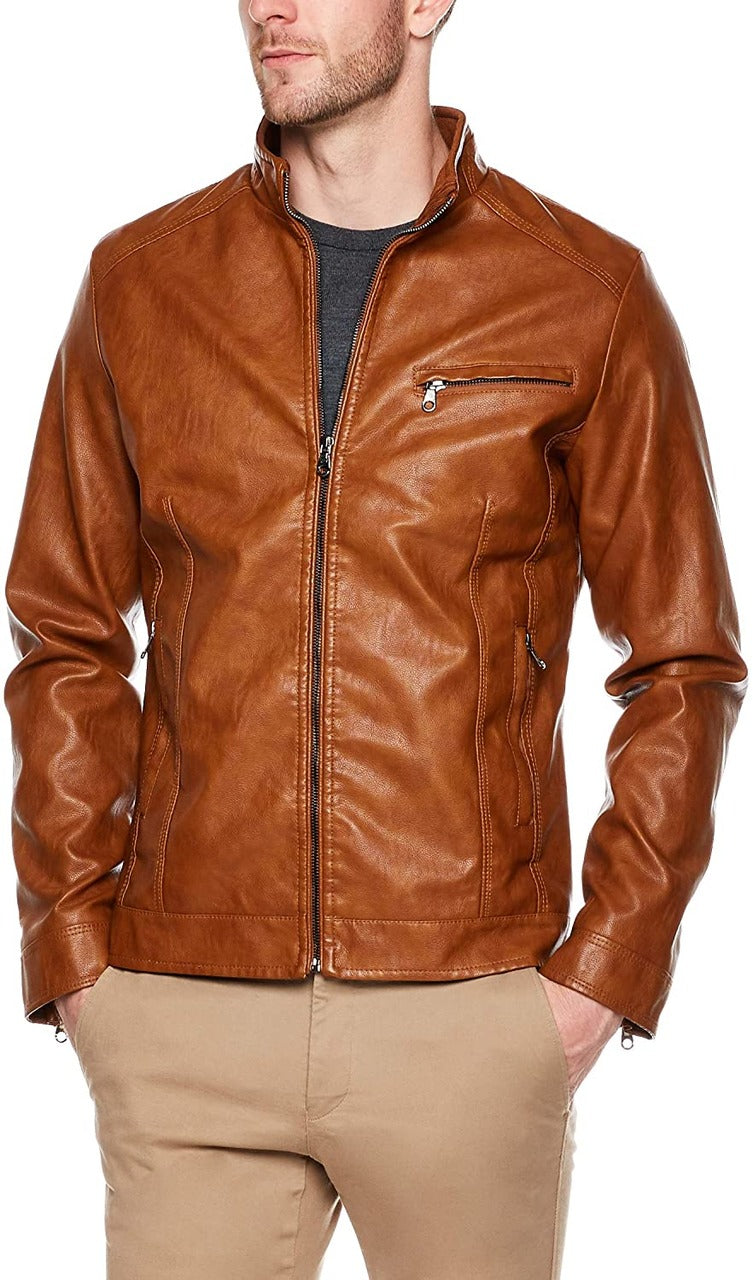 Camel Color Genuine Sheep Leather Jacket In Slim Fit Classic Style For Men
