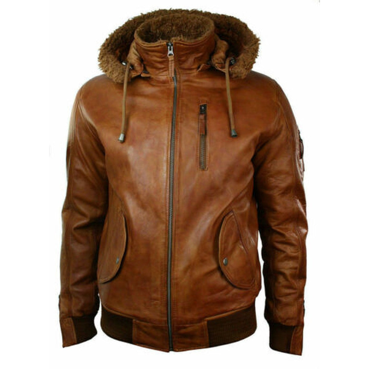 Detachable Hooded Duffle Men's Leather Jacket Coat Fur Collar Brown Biker - Leather Jacket