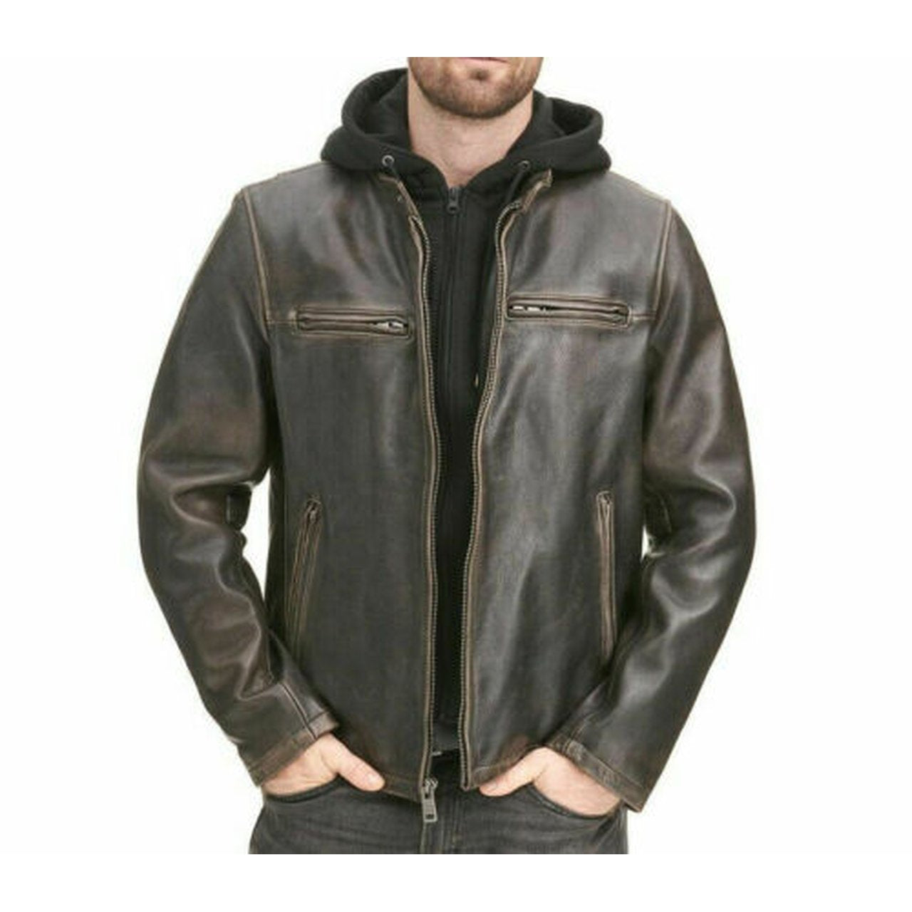 Distressed Black Hooded Leather Biker Cafe Racer Motorcycle Real