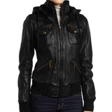 Detachable Hooded Real Leather Jacket for Women
