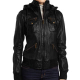 Detachable Hooded Real Leather Jacket for Women - Leather Jacket