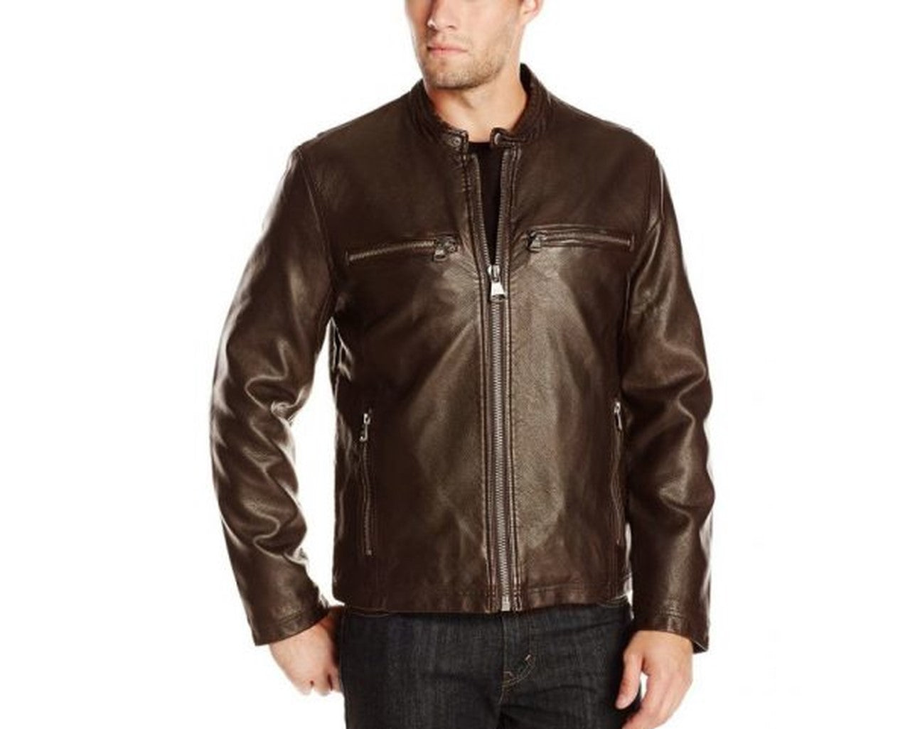 Fashion Brown Genuine Leather Jacket with Zippers