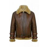 Mens Brown Pilot Aviator Fur Shearling Genuine sheepskin Bomber leather jacket
