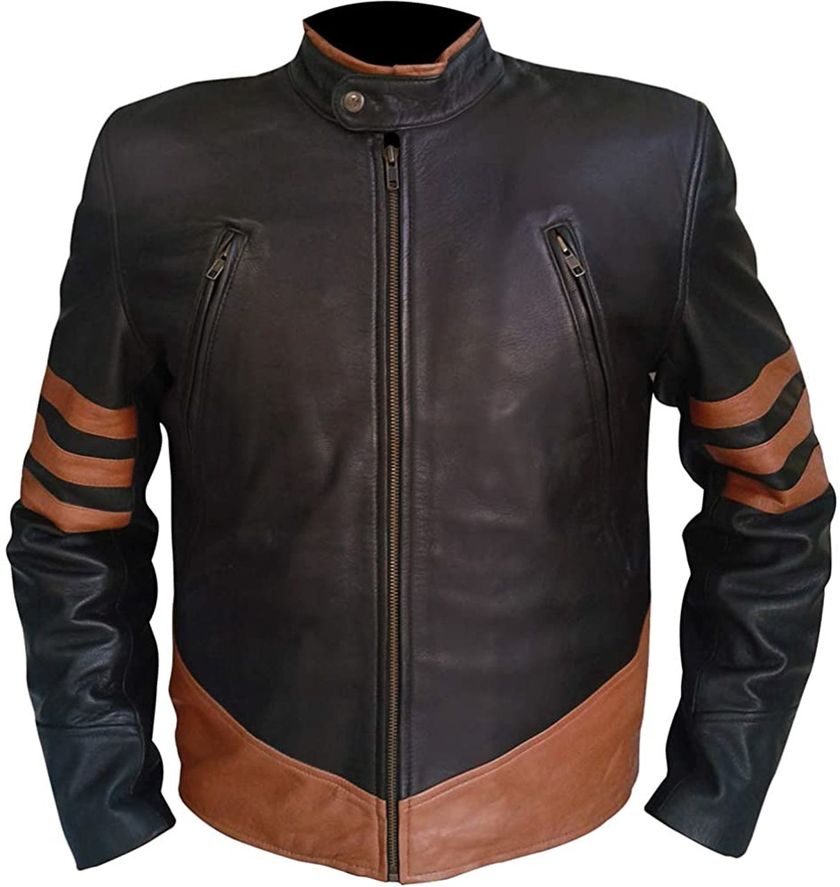 Men Dark Brown Genuine sheepskin Leather Jacket with Light Brown Stripes