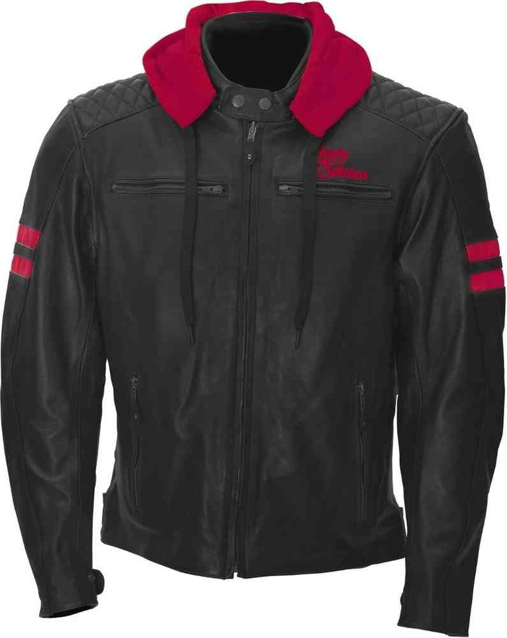 Men Genuine Leather Jacket In Hoddie With Red Stripes