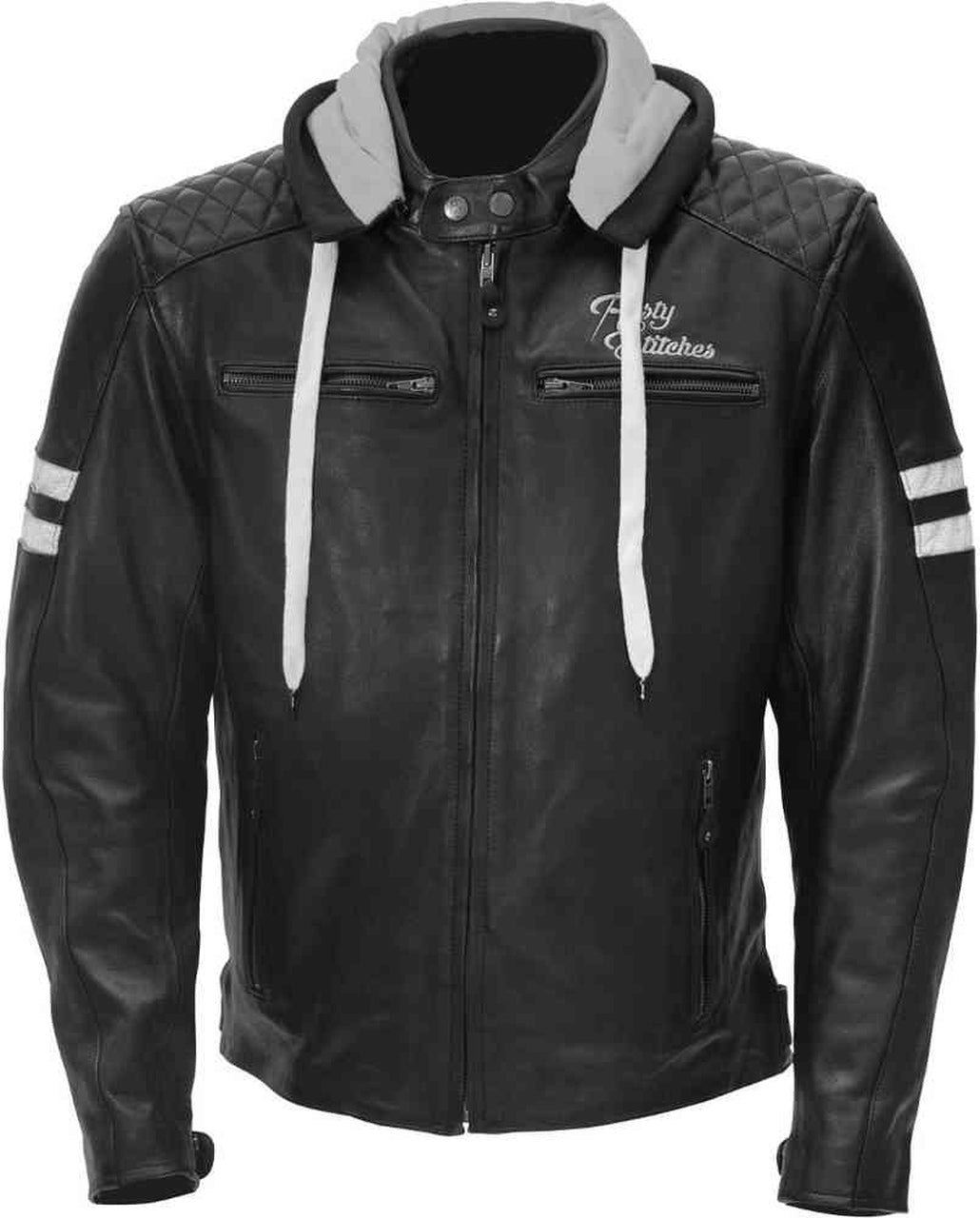 Men Genuine Leather Jacket In Hoddie With White Stripes