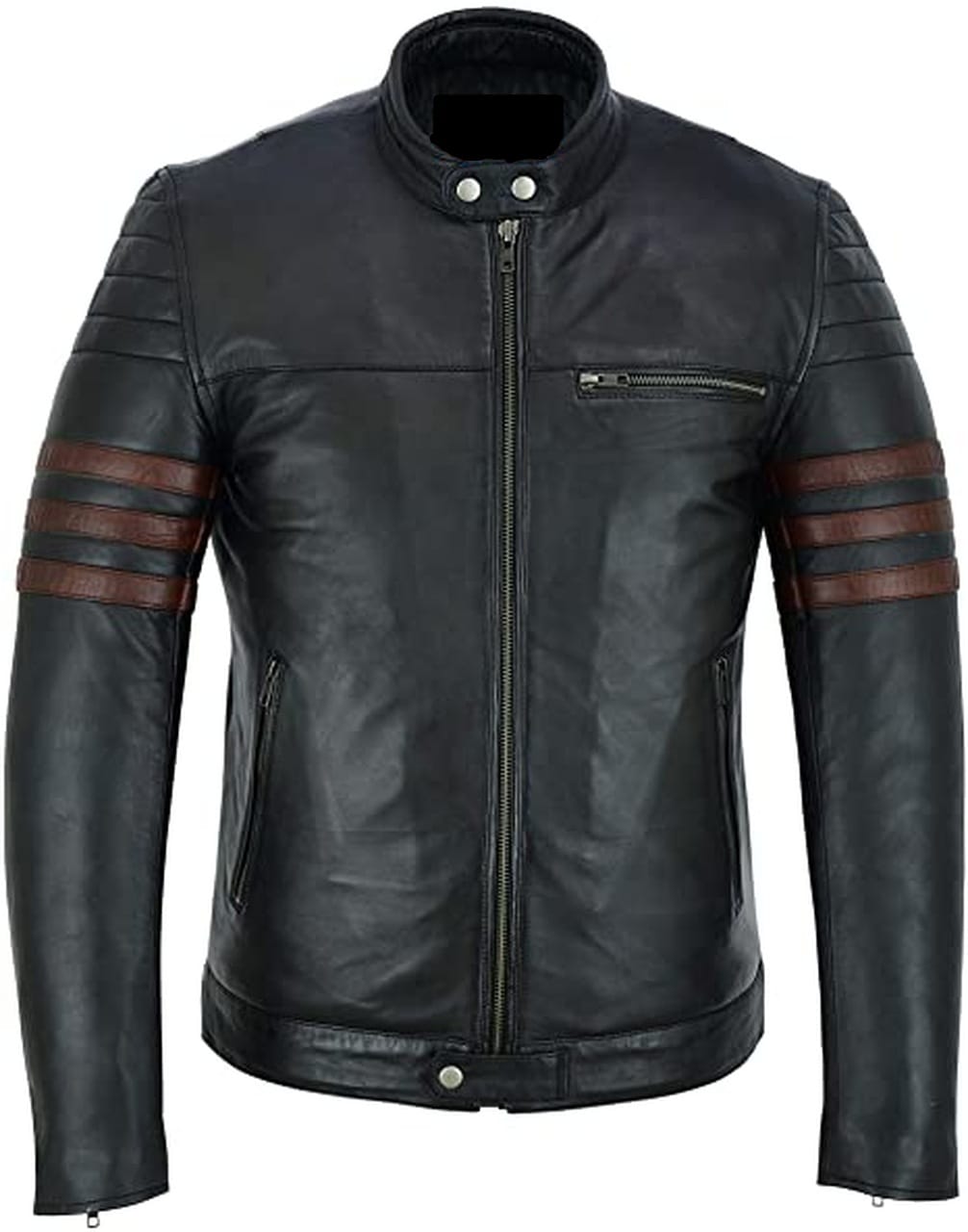 Men Genuine Sheep Leather Jacket With Brown Stripes In Black – Musheditions