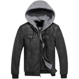 Men Leather Jacket  Bomber Slim Fit Outwear With Chest Pockets and Removeable Hood