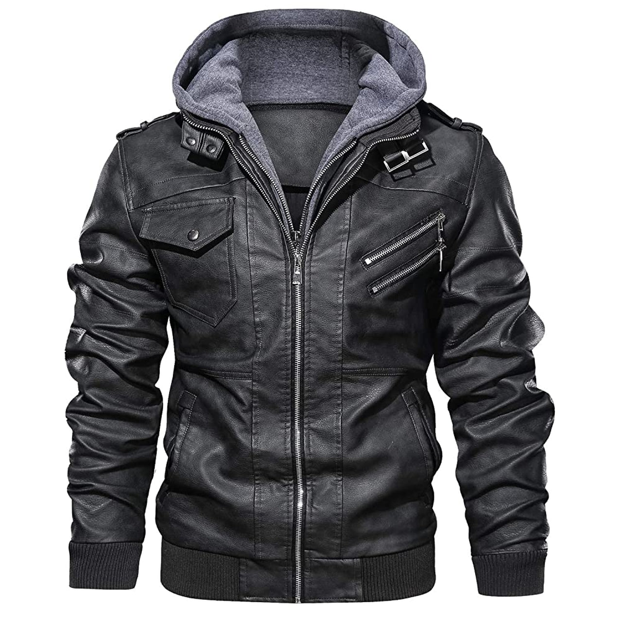 Men Leather Jacket With Removable Hood with Zipper Pockets