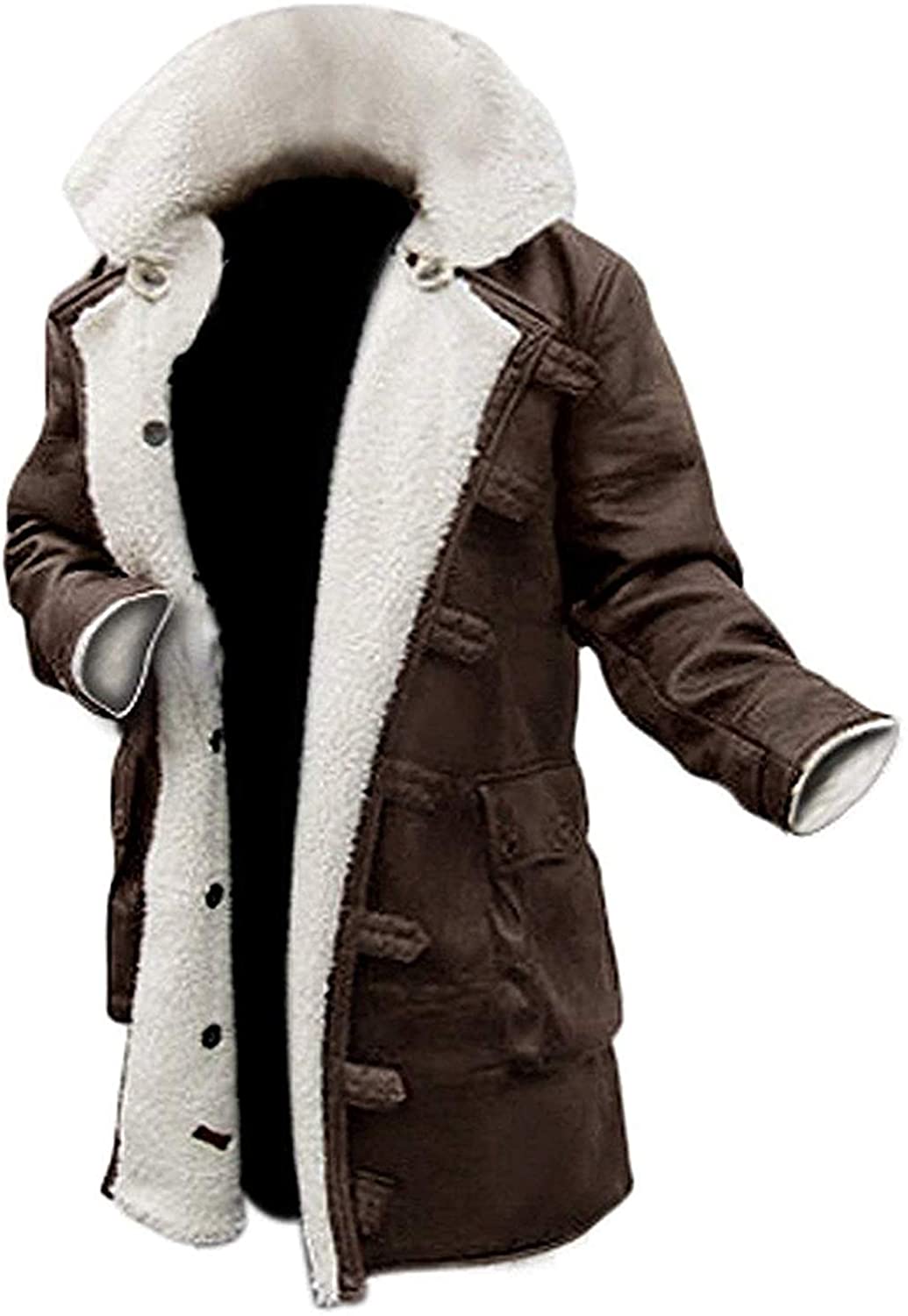 Men Sheerling Fur Long Coat Style Genuine Sheepskin Leather Jacket Dark Brown