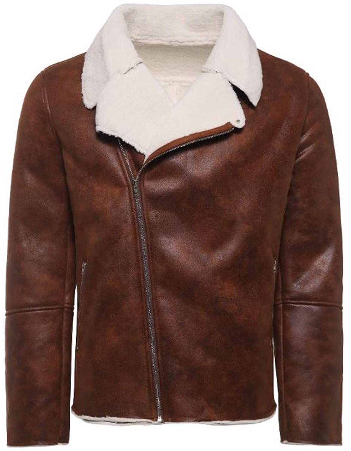 Men White Shearling FUR Genuine Sheepskin Leather Jacket With Stylish Zip In Brown