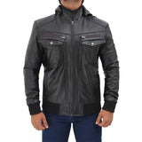 Men Black Bomber Biker Hooded Leather Jacket - Leather Jacket