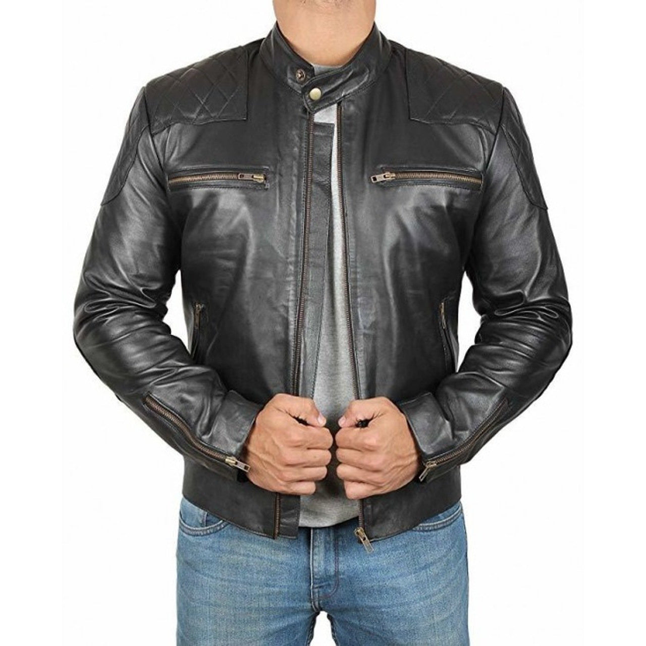 Black Quilted Retro Biker | Leather Jacket Mens - Leather Jacket