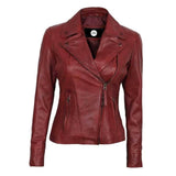 Red Asymmetrical Motorcycle Slim Fit Women leather jacket - Leather Jacket