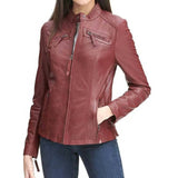 Red Casual Leather Jacket Women