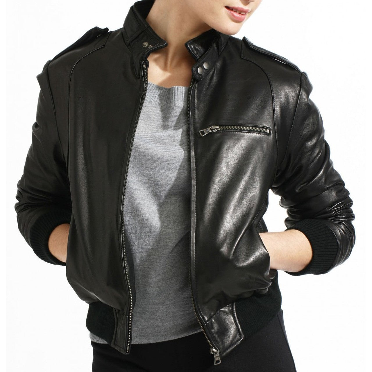 Mush Editions Women's Stylish Bomber Leather Jacket