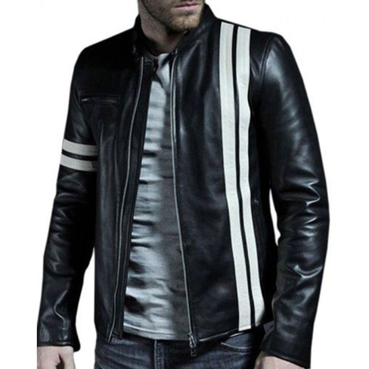 Unique Genuine Leather Jacket with White strap and lining