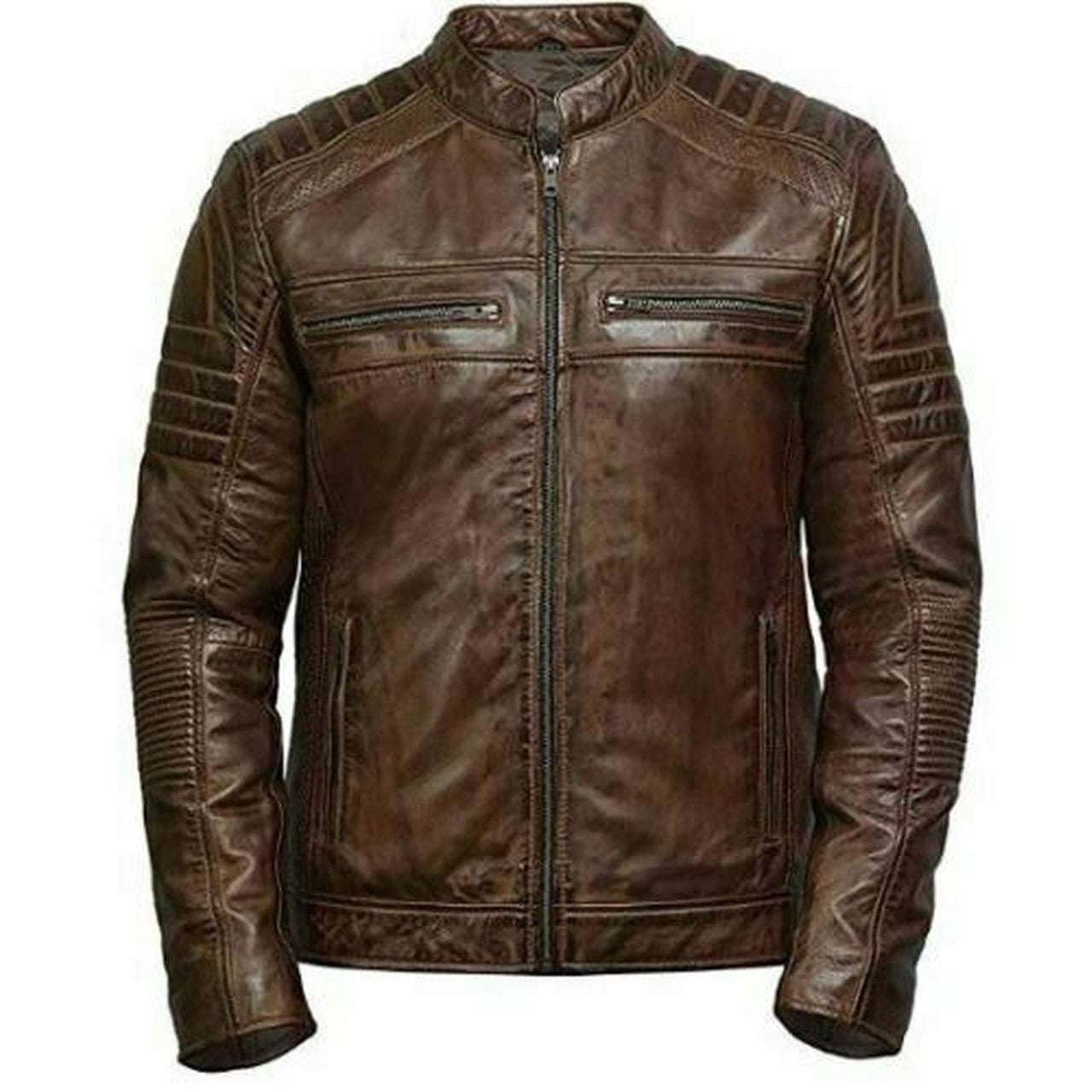 Vintage Motorcycle Biker Distressed Brown Cafe Racer Quilted Leather Jacket - Leather Jacket