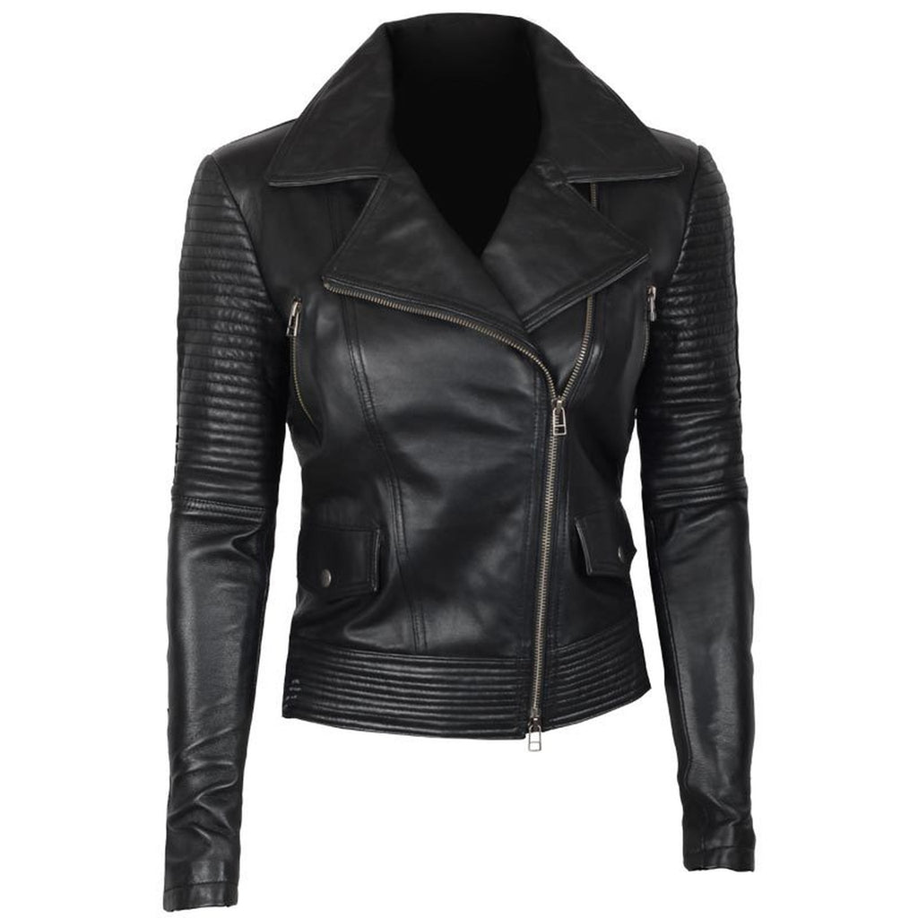 Women Black Asymmetrical Biker Quilted Leather Jacket – Musheditions