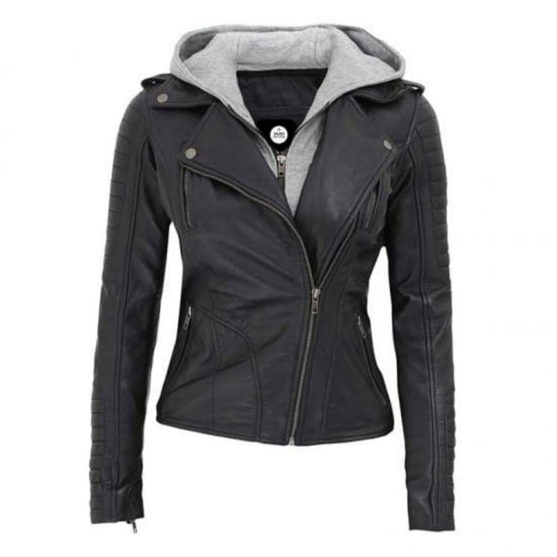 Leather jacket with hood