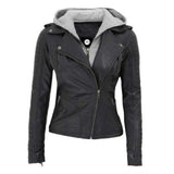 Women Black Asymmetrical Hooded Leather Jacket