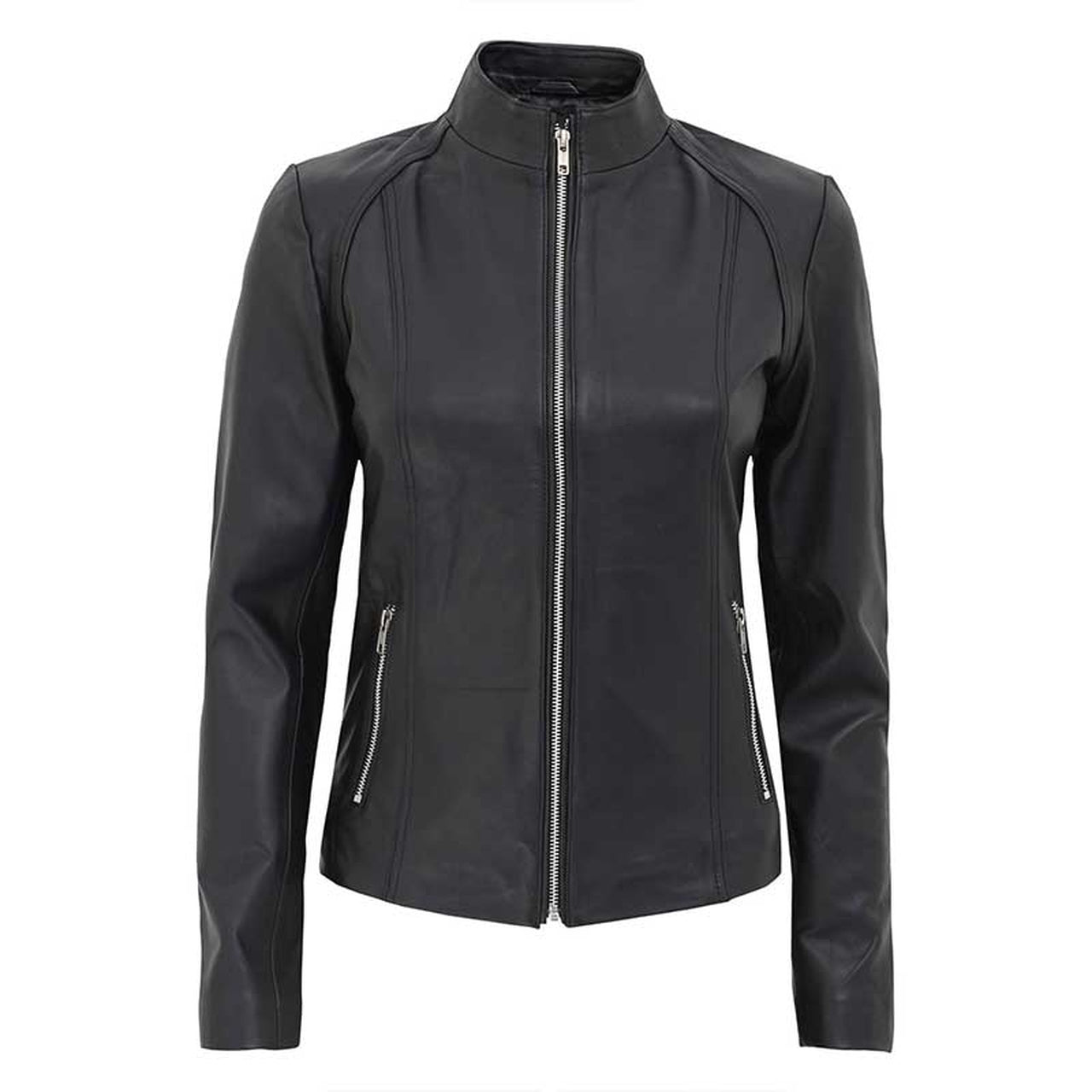 Women Black Leather Cafe Racer Jacket - Leather Jacket