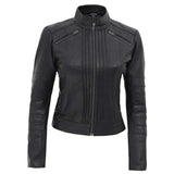 Women Black Slim Fit Genuine Leather Jacket