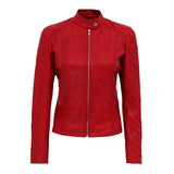 Women Red Quilted Cafe Racer - Women Leather Jacket - Leather Jacket