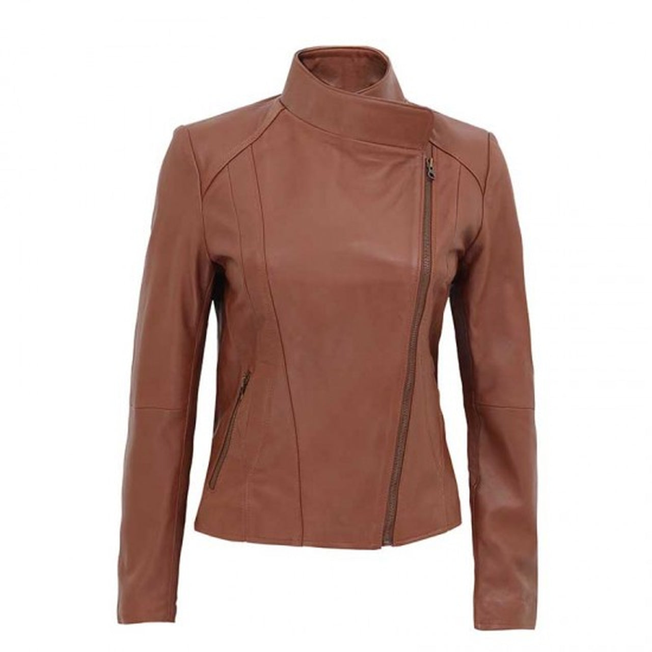 Women Tan Asymmetrical Biker Leather Jacket - Leather Jacket
